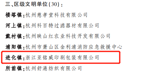 喜報(bào)！亞銘威獲評(píng)2022年“蕭山區(qū)文明單位”！